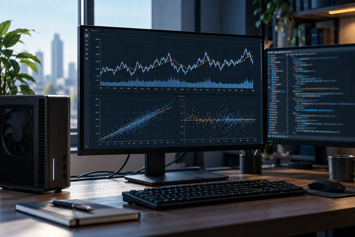 Illustrative data analysis workstation with charts and a desktop computer
