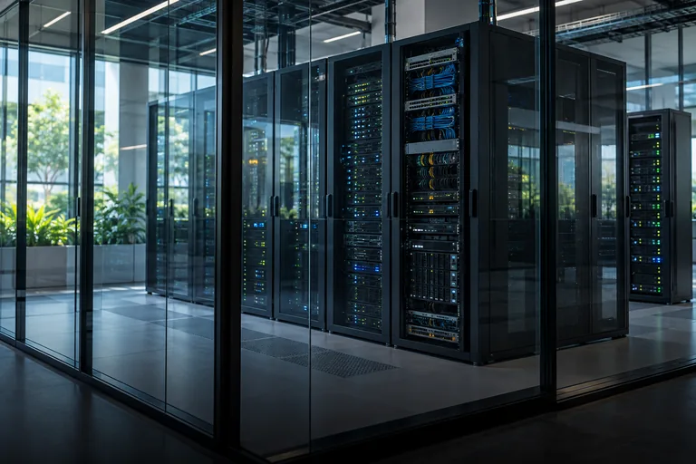 Illustrative enterprise server racks in a naturally lit technology facility
